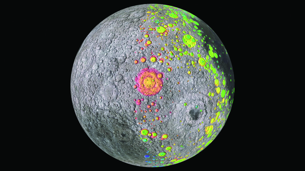 Hertzsprung crater (orange) on the dark side of the Moon was hit by a crater approximately one third the size of Earth. PICTURE: NASA
