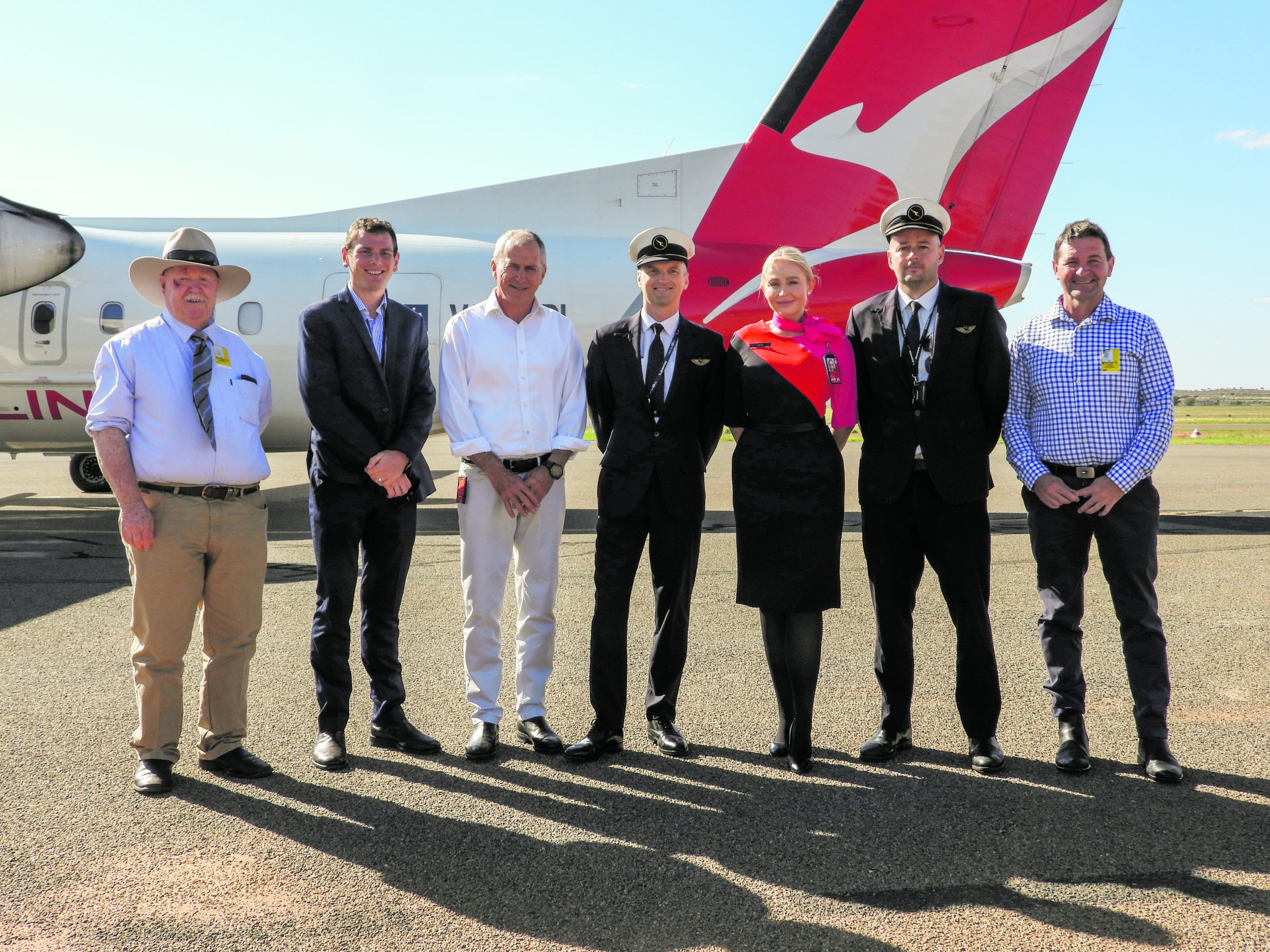 Broken Hill City Council Mayor Tom Kennedy, Deputy Mayor Jim Hickey with Qantas representatives on Monday morning .PICTURE: ANDREW LODIONG