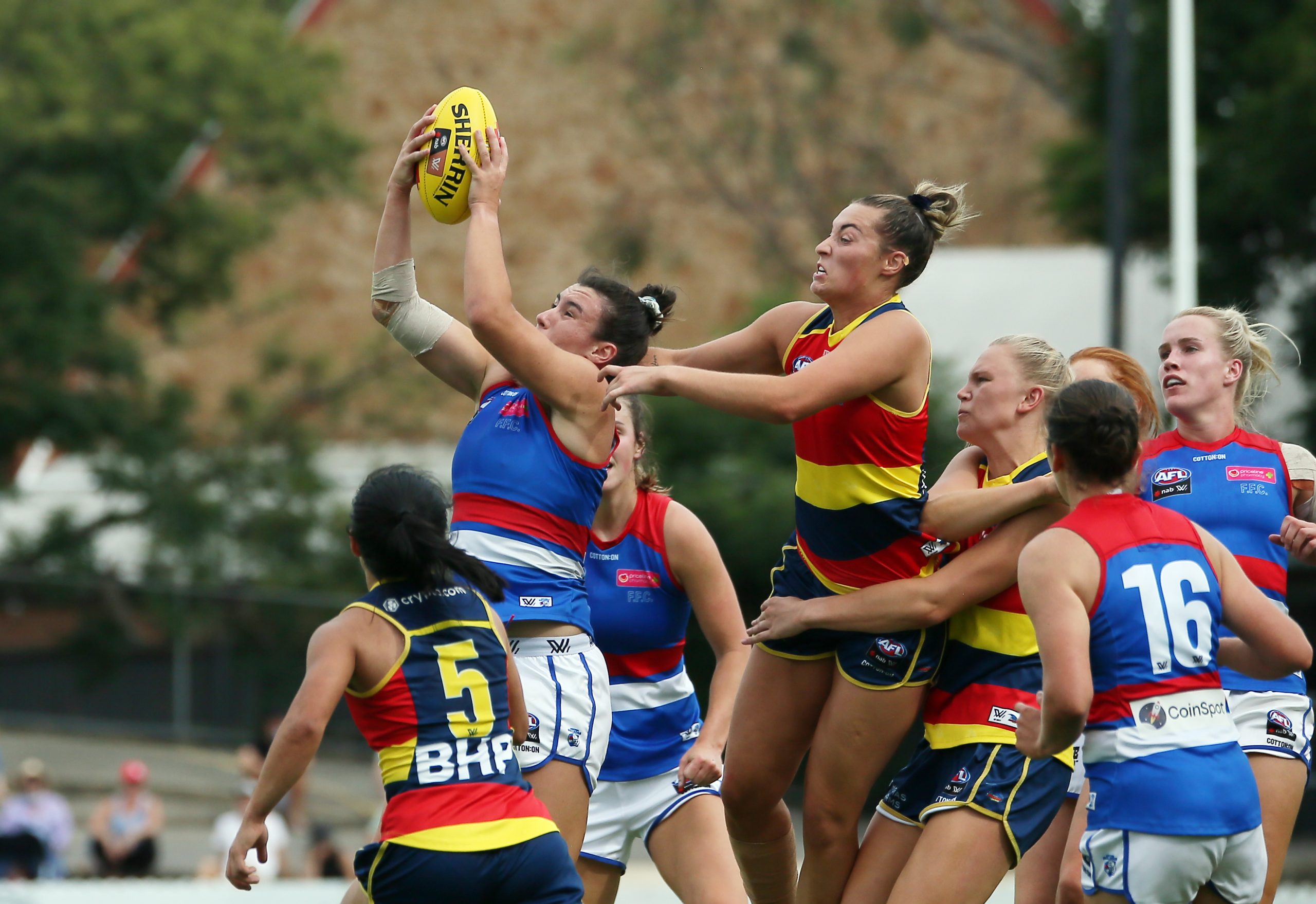 Fierce competition. It was a crowded scene as Adelaide tried to overcome the Western Bulldogs for a mark. PICTURE: PETER ARGENT