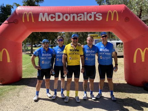 Team BH at the commencement of their ride from Melbourne to Adelaide. From left: Tim Ferguson, Nick Mann, Nigel Lawrence, Judd Carpenter and Mark Craven. PICTURE: Emily Ferguson