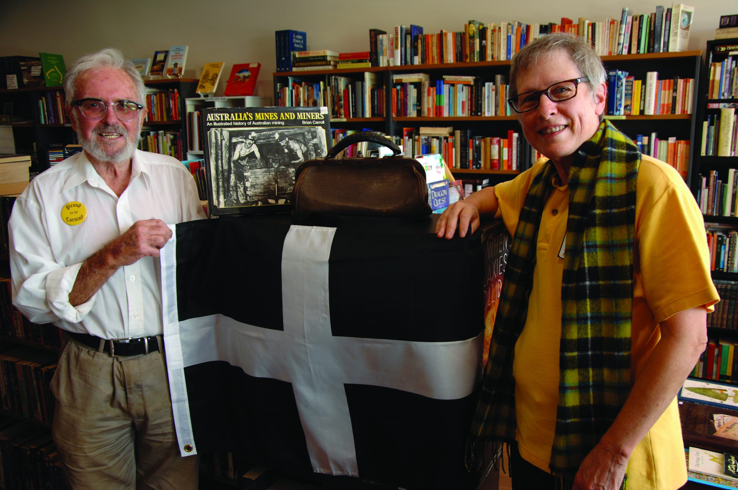 Robynne Sanderson (right) and Don Mudie with a Cornish flag and crib tin. Photo credit PICTURE Nardia Keenan