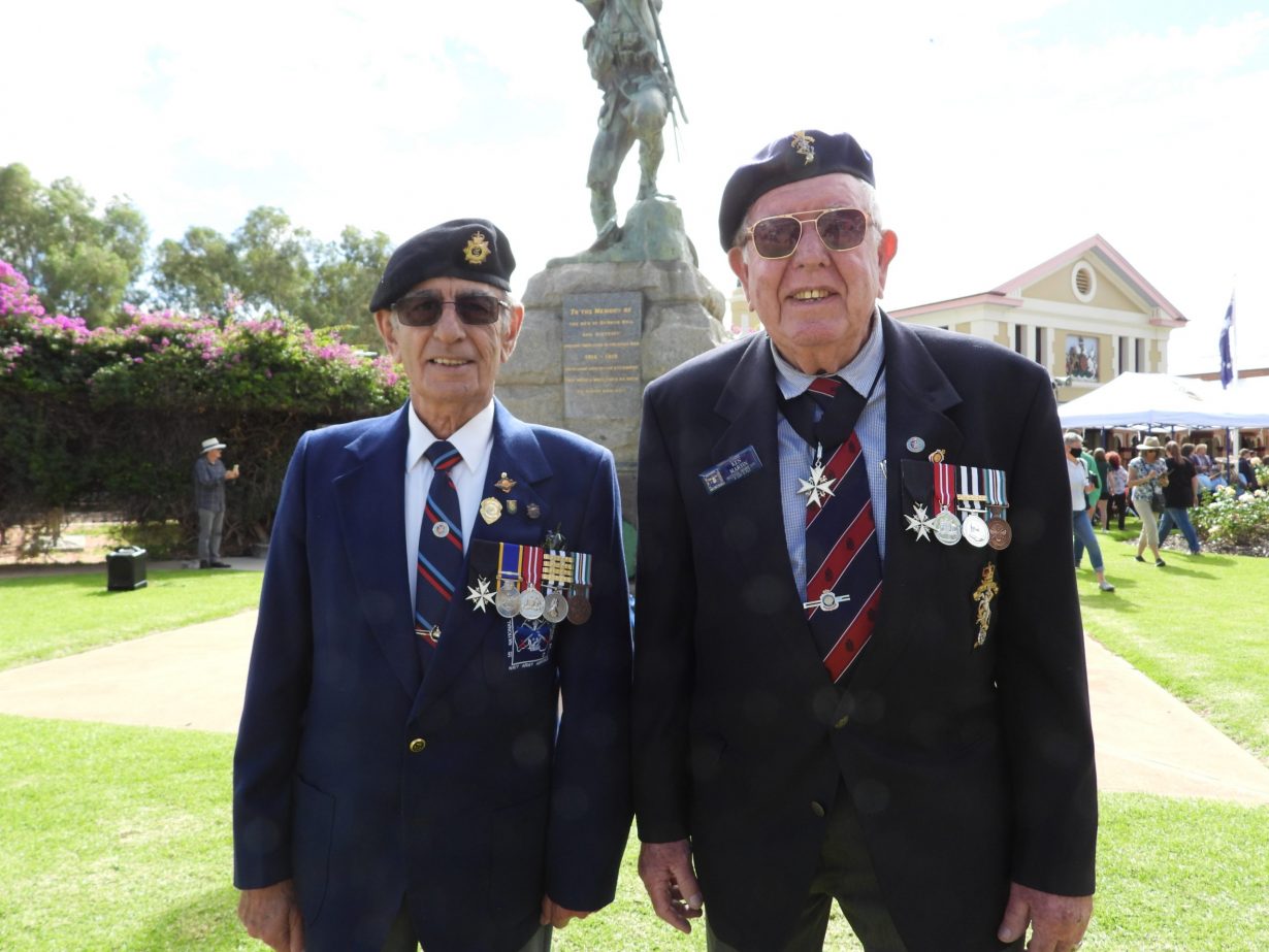 Veterans Lawrence Camilleri and Ken Martin at the ANZAC Day service on Monday. Picture: Andrew Lodiong
