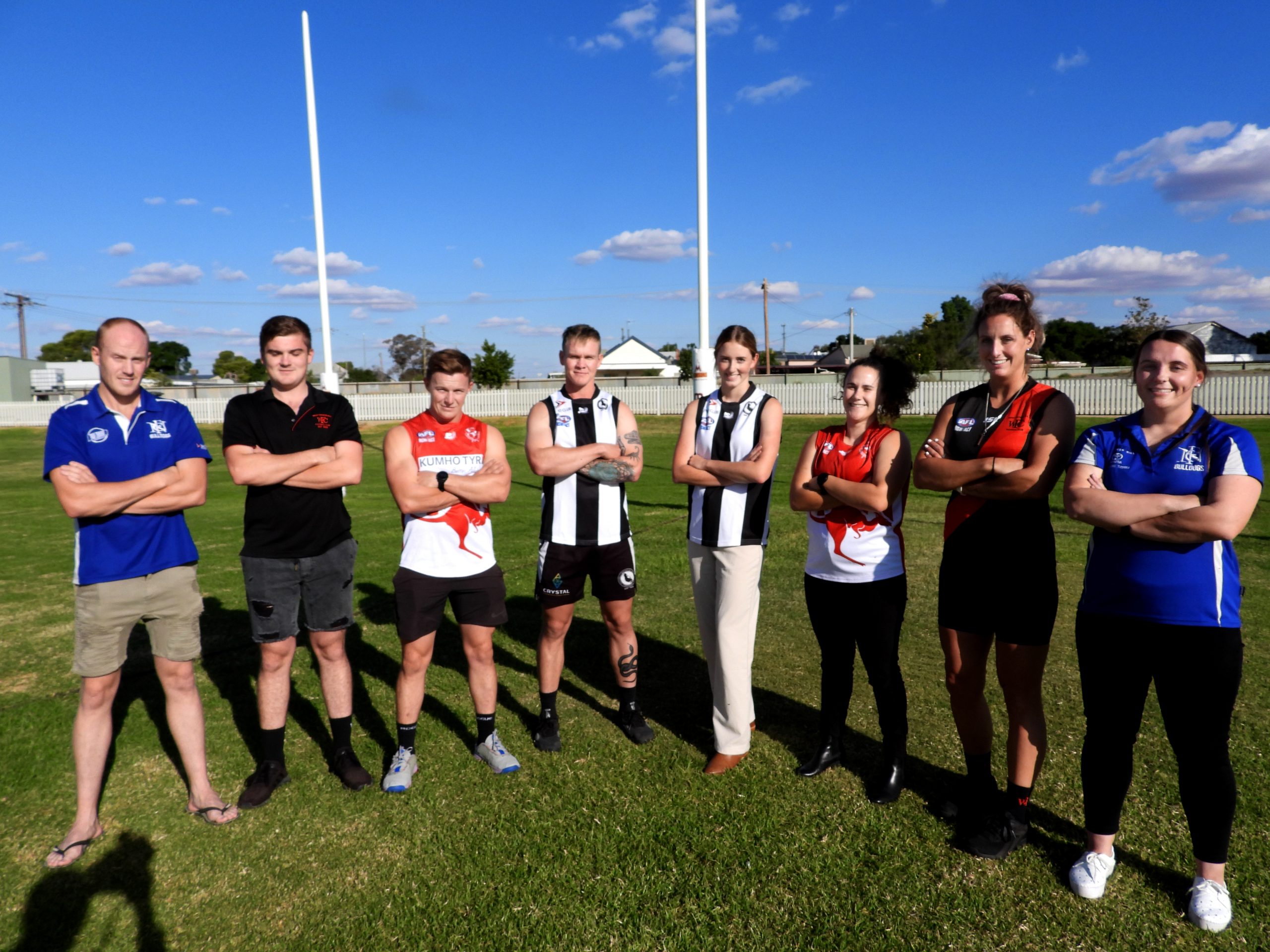 Broken Hill footballers Jake Borlace (left), Josh Cieslik, Mark Purcell, Josh Gilby, Emma Cullen, Shae Nevill, Paige Cuy and Jacinta Barraclough. PICTURE: ANDREW LODIONG