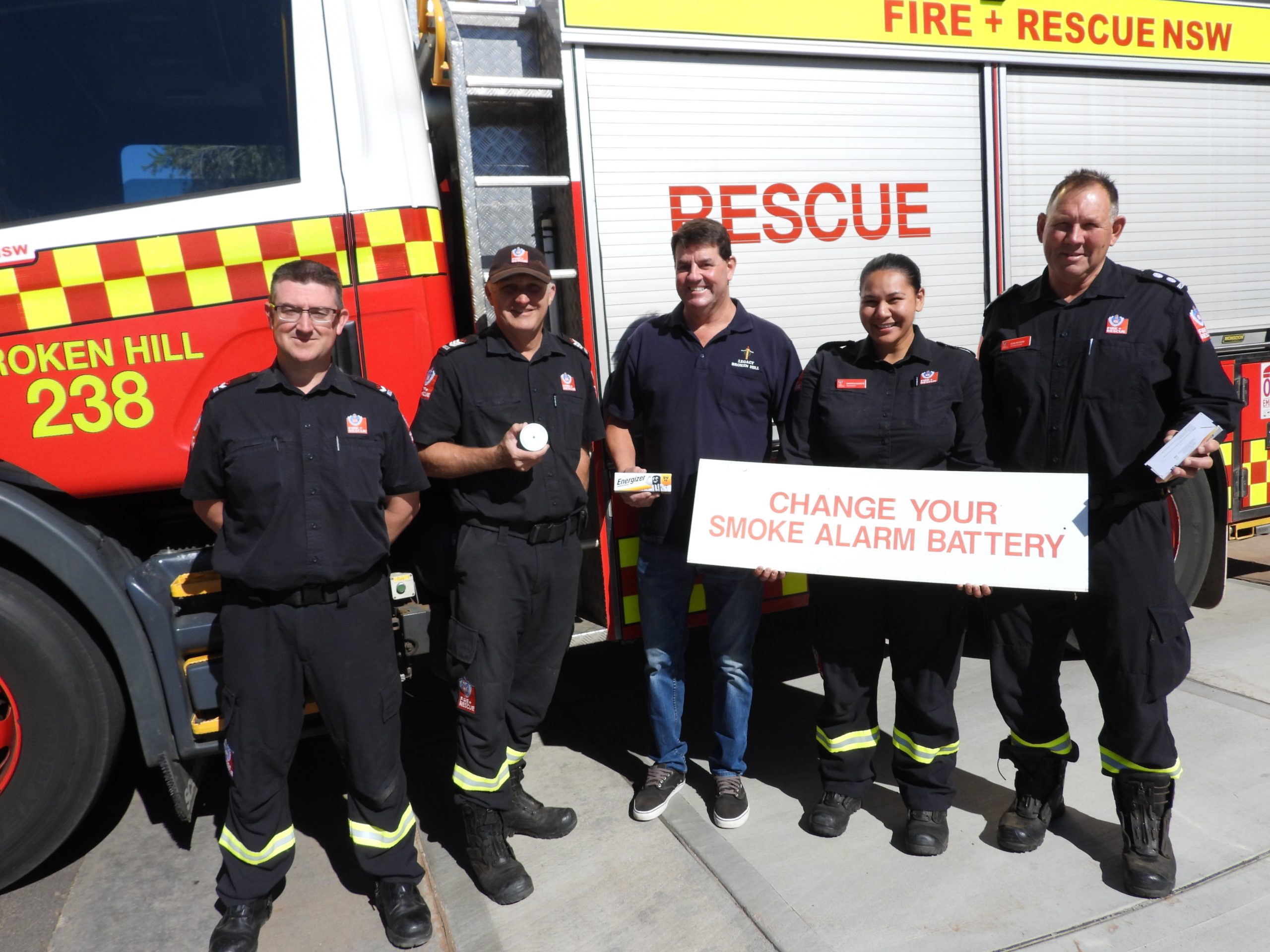 Broken Hill Legacy Club’s Mark Winen (centre) with Fire and Rescue NSW crew Joel Bartley (left), Geoff Lehman, Saraiha Rakete and Don Peters. PICTURE: ANDREW LODIONG