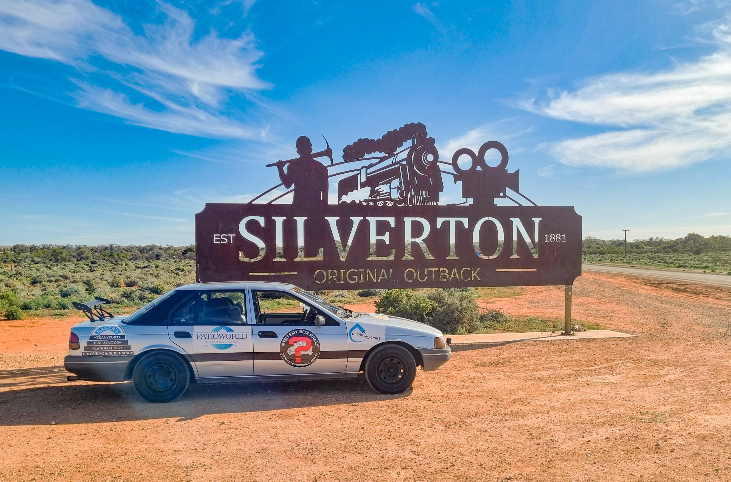 Tony Jacklin and Todd Small’s Team Big Boys’ rally car sits under the Silverton sign. It will drive along an unknown route today in Port Lincoln.