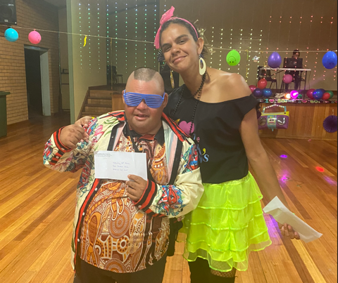 Tom Kennedy and Lizzie Hunter won the best dressed competition at the 80s and 90s themed disco last Saturday at Wilcannia's Yothu Yurri event.
